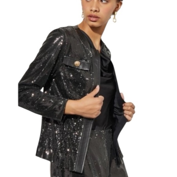 MING WANG Open Front Sequin Vegan Leather Jacket Black Size M NEW - Picture 1 of 12